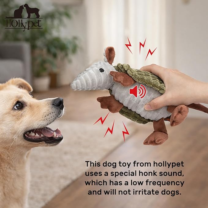Hollypet Plush Dog Squeaky Toy Stuffed Armadillo Animal Pet Puppy Chew Toys with Clean Teeth for Small Medium Large All Breed Sizes Dogs, Olive Green, 8 in