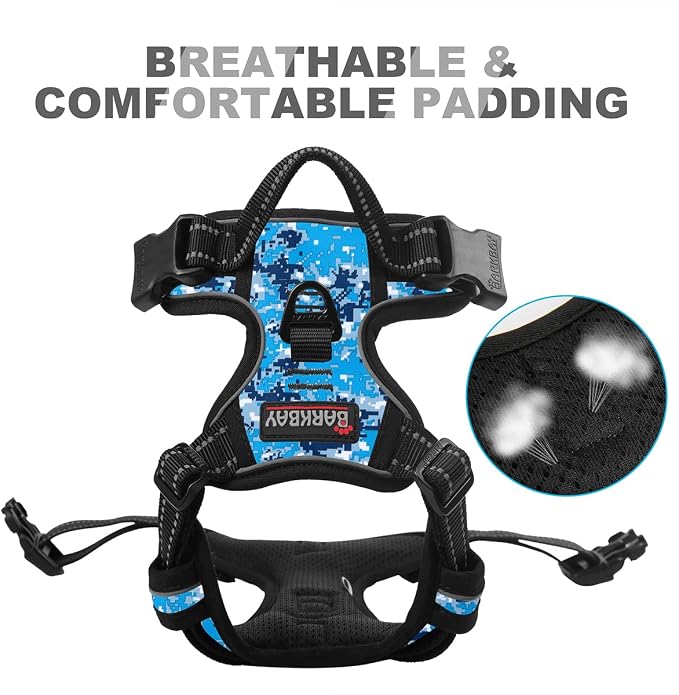 BARKBAY No Pull Dog Harness Front Clip Heavy Duty Reflective Easy Control Handle for Large Dog Walking(Blue camo,XL)
