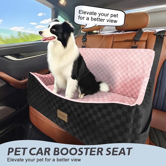 JOEJOY Dog Car Seat for Medium/Large Dogs - Reversible Dual-Sided Travel Dog Car Bed with Memory Foam, Washable Pet Booster Seat for Dogs up to 55 lbs or 2 Small Dogs, 2 Safety Leashes, Pink