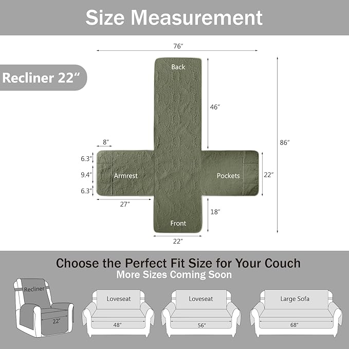 Green Quilted Recliner Covers, Water-Repellent Recliner Slipcovers, Recliner Covers Stay in Place, Pet Friendly Recliner Cover for Dogs, Washable Chair Protector (Recliner 22", Olive Green)