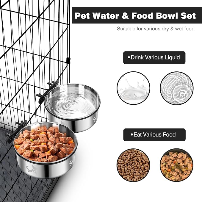 Dog Crate Water Bowl No Spill, Dog Crate Bowls Hanging 2 Pack, Kennel Water Bowl Mountable, Stainless Steel Coop Cup, Pet Cage Accessories, Food Dish Feeder for Cat Puppy Rabbit Bunny Bird Ferret