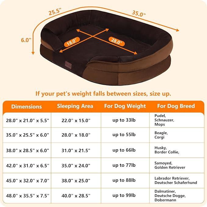 Dwanton Orthopedic Dog Bed for Medium Dogs with Gel Memory Foam, Waterproof Dog Sofa, Washable Pet Bed with Four Sided Bolster Cushion, Removable Cover & Non-Slip Bottom, 36", Brown