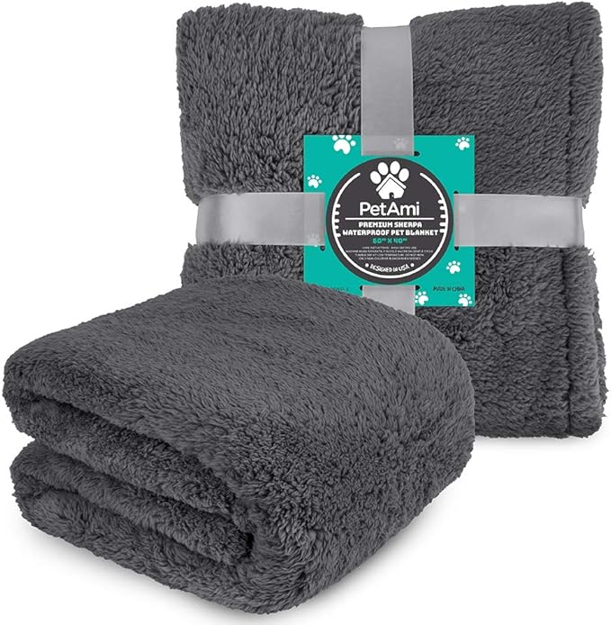 PetAmi Fluffy Waterproof Dog Blanket for Couch and Bed, Reversible Sherpa Pet Throw, Pee Proof Furniture Protector Sofa Cover, Washable Cat Blanket for Medium Large Dogs and Cats (Gray, 40x60)