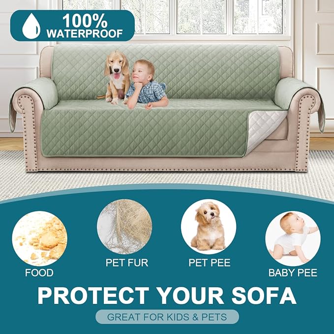 Turquoize 100% Waterproof Sofa Covers Couch Cover Sofa Cover for Dogs Couch Protector Triple Non-Slip Sofa Slipcover for 3 Cushion Couch Furniture Protector for Pets, Kids,Dog (XL Sofa 78", Sage)