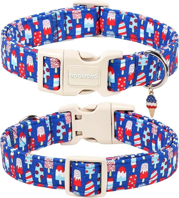 4th of July Dog Collar for Medium Dogs, Summer Popsicle Patriotic Dog Collars, Adjustable Breathable Quick-Release Buckle Collars for Small Medium Dogs, M