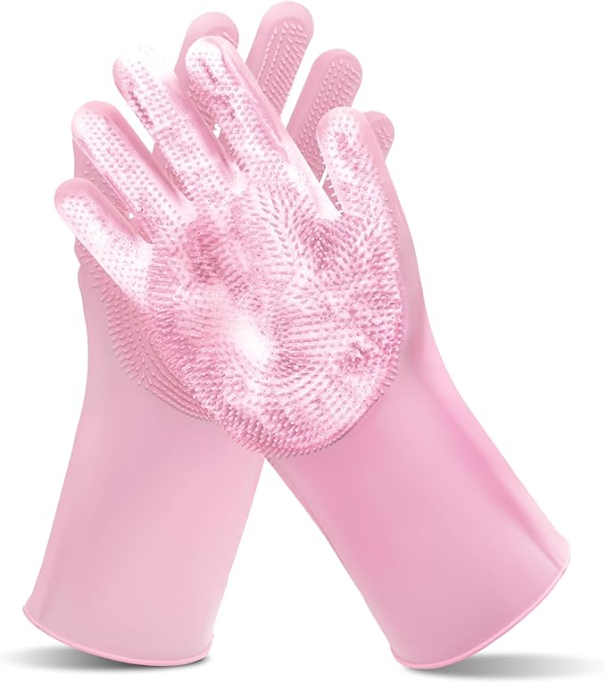 Pet Grooming Gloves—Dog Washing Gloves with High-Density Teeth, Dog Bath Scrubber with Enhanced Five Finger Design, Silicone Gloves for Dogs and Cats Bathing, Massage (Pink)