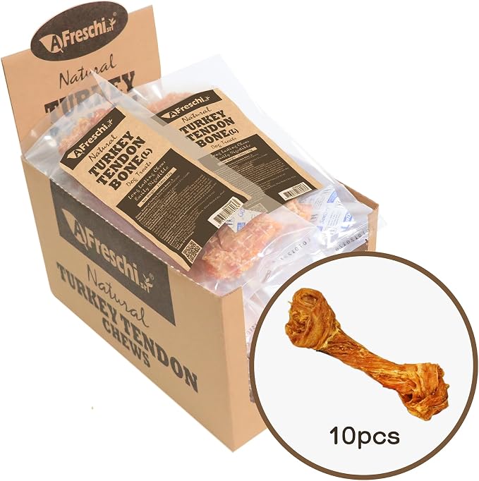 A Freschi srl Turkey Tendons for Dogs, Long-Lasting, Hypoallergenic Rawhide Alternative, Human Grade, Healthy Puppy Chews, Natural Dog Treats for Large Dogs, Bone (L), 10 Count Box