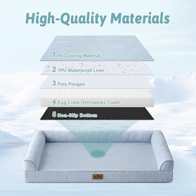 COZY KISS Cooling Dog Bed for Medium Dogs, 36"x27" Orthopedic Foam Sofa with Bolster Sides, Q-Max >0.4 Cooling Technology, Cool Pet Bed with Removable Washable Cover, Blue