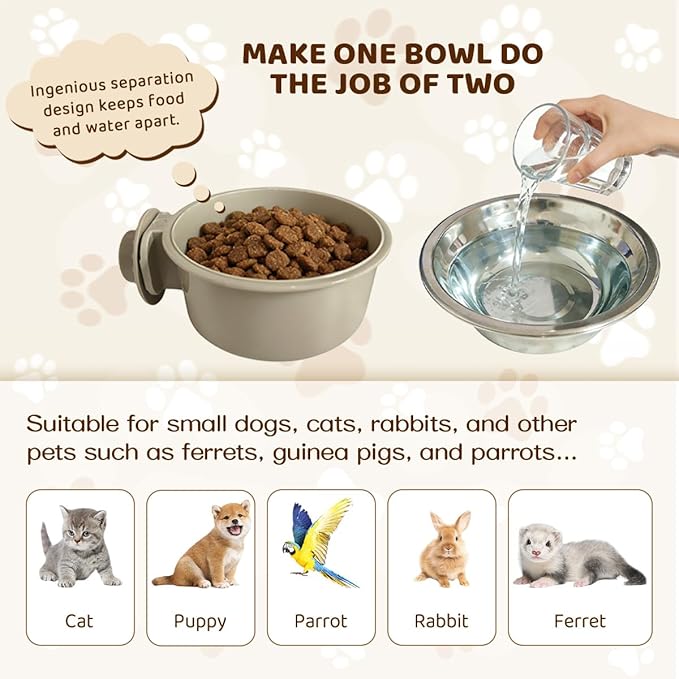 2Pcs Pets Lightweight Stainless Steel Bowl,Removable Stainless Steel Pet Hanging Food Water Feeder Bowl for Puppy Dog Cat Rabbit Ferret Bird Gunea Pigs (Large)