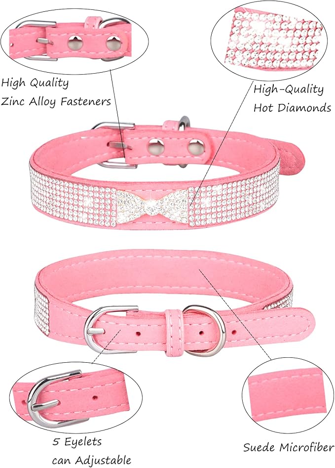 Dog Collar for Small Dogs, Adjustable Leather Suede Bling Dog Collars，Pink Dog Collar Cat Collar, Rhinestone Dog Collar (S, pink4)