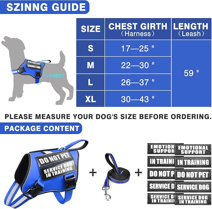 Service Dog Vest Harness and Leash Set+10 Patches,No Pull&Easy Walk Reflective Dog Harness with Soft Padded Handle for Training/Everyday,Fit Small/Medium/Large/Extra-Large Dogs (Blue M)