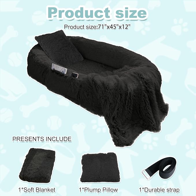 YAEM Black Human Dog Bed for Adult and Pets - 71"x45"x12" Dogs Beds for Humans with Washable Faux Fur Cover, Plump Pillow, Blanket, Orthopedic Design & Strap