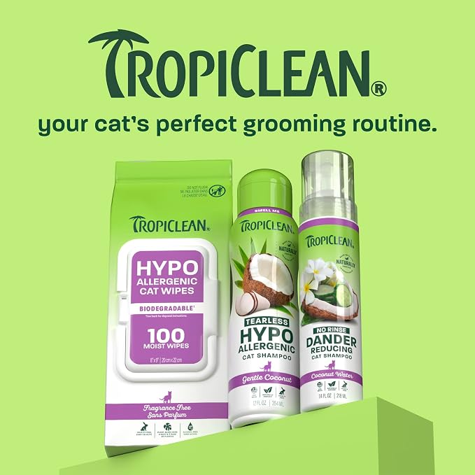 TropiClean No Rinse Waterless Cat Shampoo | Dandruff Treatment | Moisturizing Dry Shampoo for Dry Skin | USA Made | Aqua de Coco Scent | 7.4oz.