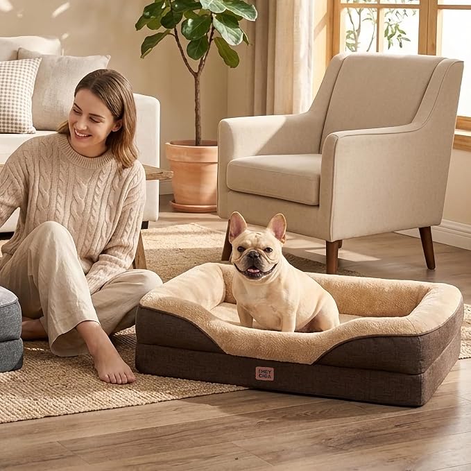 EHEYCIGA Orthopedic Dog Bed for Large Sized Dog, 36x27 Inch Large Memory Foam Dog Couch Bed with Sides, Waterproof Liner & Washable Removable Cover, Bolster Pet Sofa, Brown