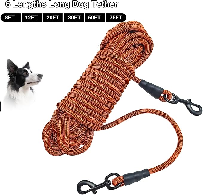 BTINESFUL 75ft Dog Tie Out Long Tether Rope Leash, 8ft 12ft 20ft 30ft 50ft Dog Lead for Yard - Large Medium Dogs Outdoor Training, Playing, Camping, or Backyard (75ft, Orange Black)