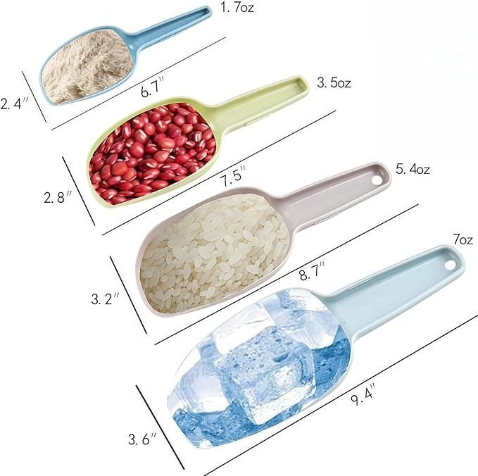 Plastic Scoops for Canisters Pack of 4, Colorful Ice Scoop for Freezer Kitchen Flour Dry Foods Candy Popcorn Coffee Beans Pet Food Scoops