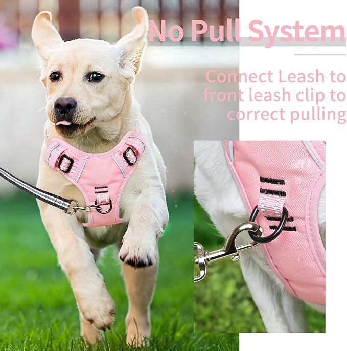 HEELE Dog Harness, No Pull Adjustable Padded Reflective Harness for Small Medium Large Dogs with Handle for Walking Training, Pink, XL
