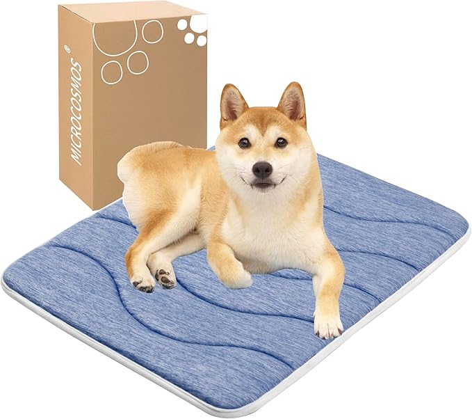 MICROCOSMOS 0.8" Thick Cooling Dog Foam Pad & Summer Pet Sleeping Mat, Machine Washable, Materials Safe, Portable Flat Pet Bed for Dogs.(Navy Blue, 24" x 18")