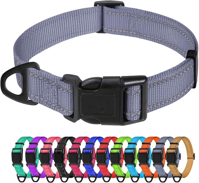 TagME Reflective Nylon Dog Collars, Adjustable Classic Pet Collar with Quick Release Buckle for Extra Small Dogs, Grey, 5/8" Width