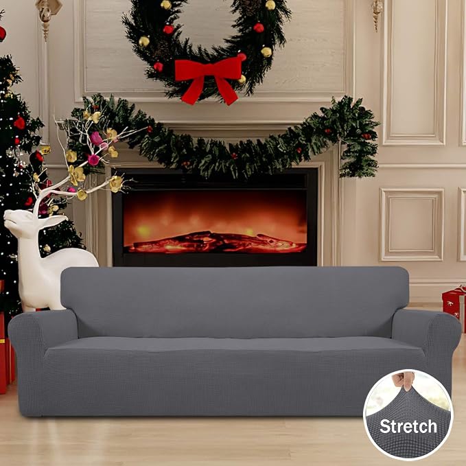 Easy-Going Stretch 4 Seater Sofa Slipcover 1-Piece Sofa Cover Furniture Protector Couch Soft with Elastic Bottom for Kids, Polyester Spandex Jacquard Fabric Small Checks Gray
