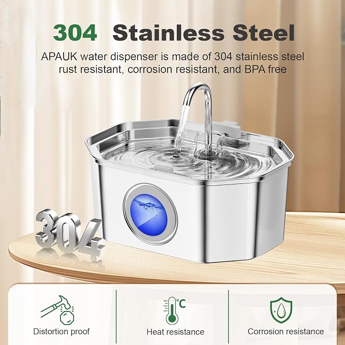 Cat Water Fountain, Apauk 108oz/3.2L Silent cat Water Fountain Stainless Steel, Cat Fountain, Automatic Dog Water Fountain,Controllable Blue Light - (6 Filters& 6 Sponges)