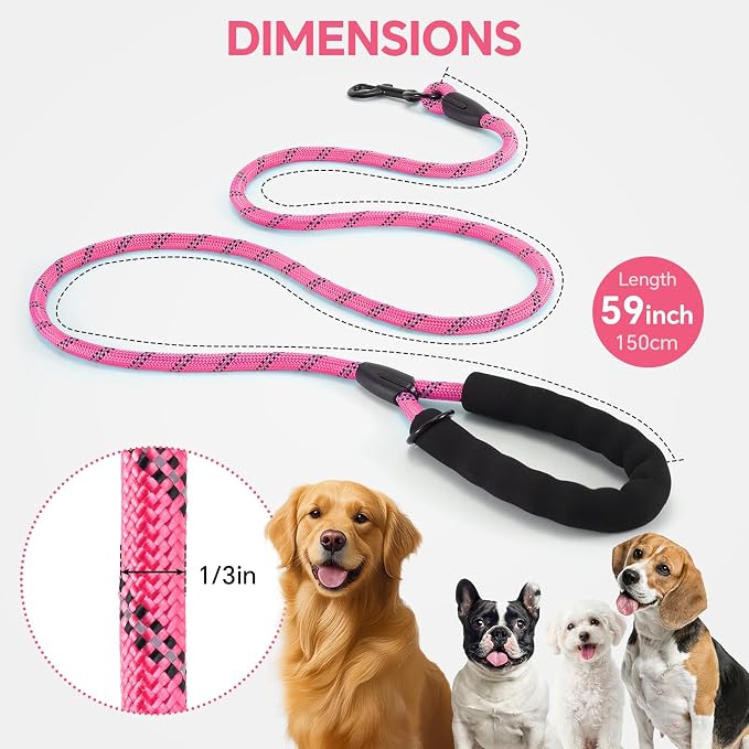 Heavy Duty Dog Leash - 4.9 FT for Large and Small Dogs - Strong Nylon, Comfortable Handle, Reflective Stitching - Ideal for Walking, Training, and Outdoor Activities, Pink