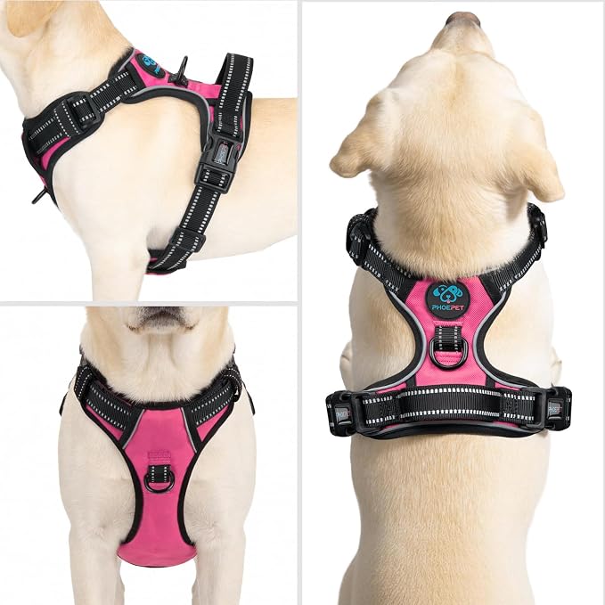 PHOEPET Reflective Dog Harness No Pull Large Breed Vest with 2 Metal Leash Attachment Hooks(XL, Pink)