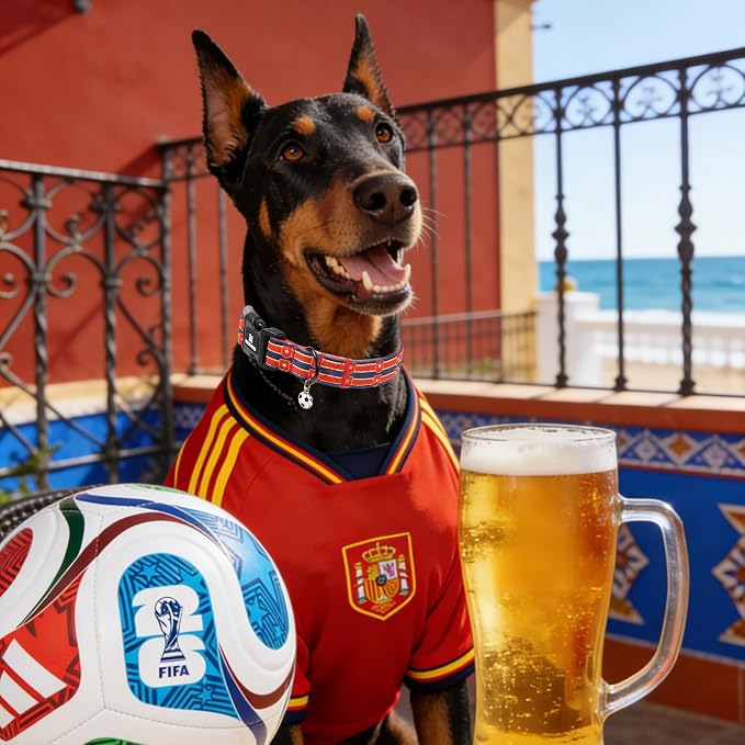 World Cup Spain Dog Collar with Soccer Pendant, La Roja Shield Star Pattern for Extra Small Dogs, Adjustable Soft Durable Collar Gift for Male Female Puppies