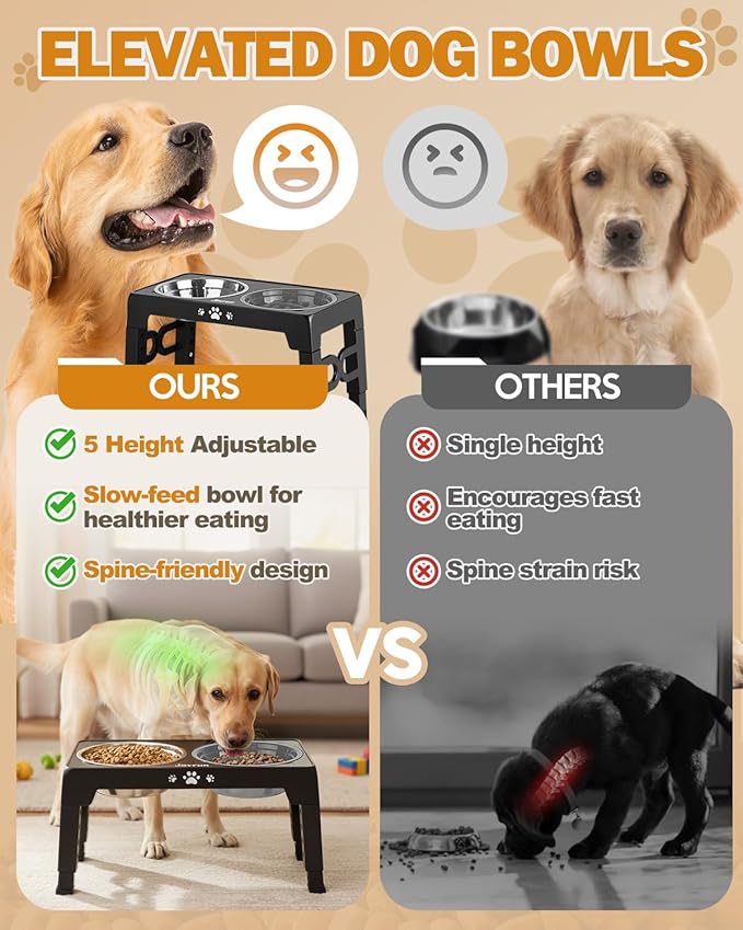 Jovrun Elevated Dog Bowls for Medium Large Size Dogs, Non-Slip Dog Feeder with 1*Stainless Steel Dishes & 1*Slow Feeder Bowl, 5 Heights Adjustable Raised Bowls to 3.15″-8.66″-9.84″-11.02″-12.2″