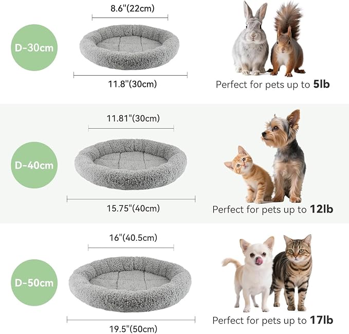 LESYPET Cat Bed for Indoor Cats, Small Pet Bed Curl Sleep Cushion with Raised Pillow Around, Non-Slip Bottom Washable Pet Beds Mat for Small Pets Rabbit Hamsters, Round Diameter 15.7"