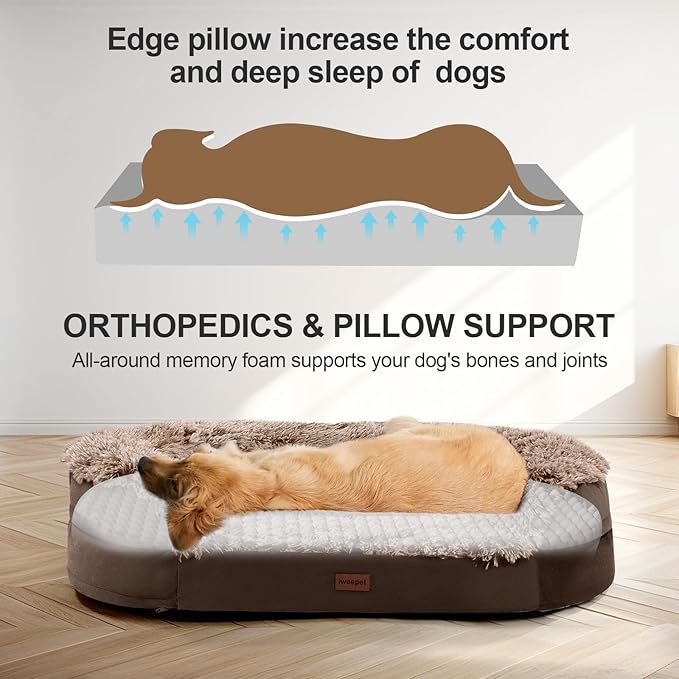 iweepet Fluffy Orthopedic Dog Beds for Large & Extra Large Dogs, 41" Calming Dog Sofa Bed with Supportive 28D Egg-Crate Foam, Removable Washable Cover, Waterproof Lining, for Puppy,Senior,Sick