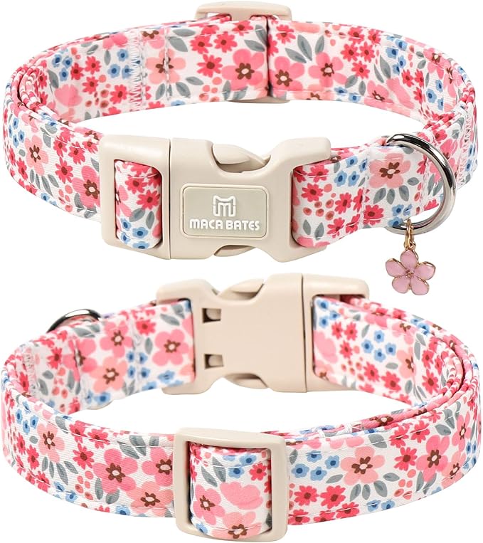 Maca Bates Pink Floral Basic Dog Collar with Cute Flower Charm for Extra Small Girl Boy Dogs, Girly Pastel Blossom Pattern,Adjustable Durable Soft Collars Spring Gift for Female Puppy