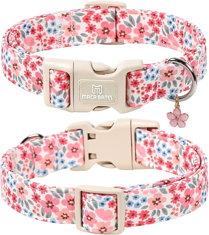 Maca Bates Pink Floral Basic Dog Collar with Cute Flower Charm for Medium Girl Boy Dogs, Girly Pastel Blossom Pattern,Adjustable Durable Soft Collars Spring Gift for Female Puppy