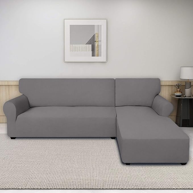 PureFit Super Stretch Sectional Couch Covers - 2 pcs Non Slip Sofa Covers with Elastic Bottom for L Shape Sectional Sofa Couch, Great for Kids & Pets (3 Seat Sofa + 3 Seat Chaise, Light Gray)