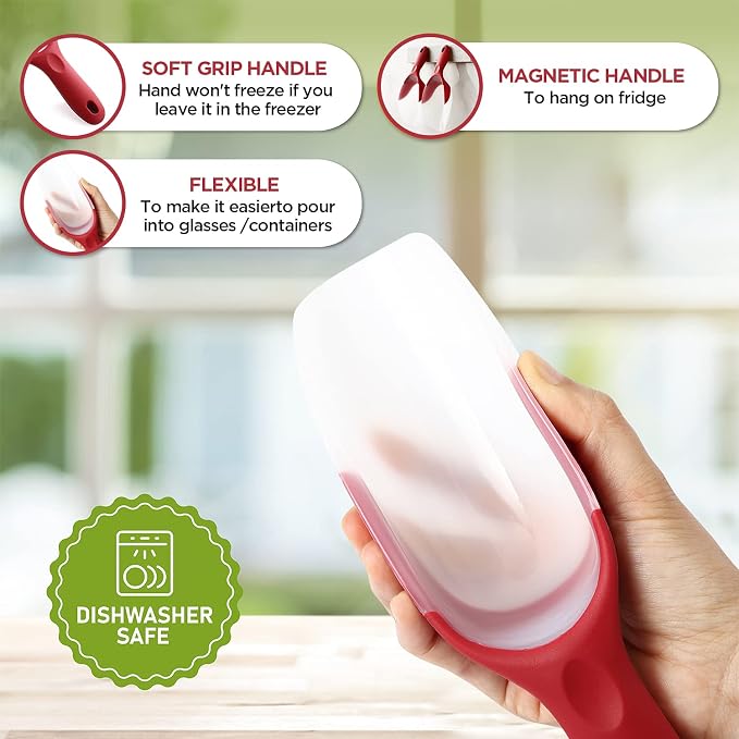 Spring Chef Red Magnetic Ice Scoop for Freezer Bin - Flexi-Plastic Ice Scoopers for Food with Soft Grip Handle - Popcorn Scoop - Kitchen Scoopers for Flour, Grain, Pet Food - Dishwasher Safe - 2 Pack