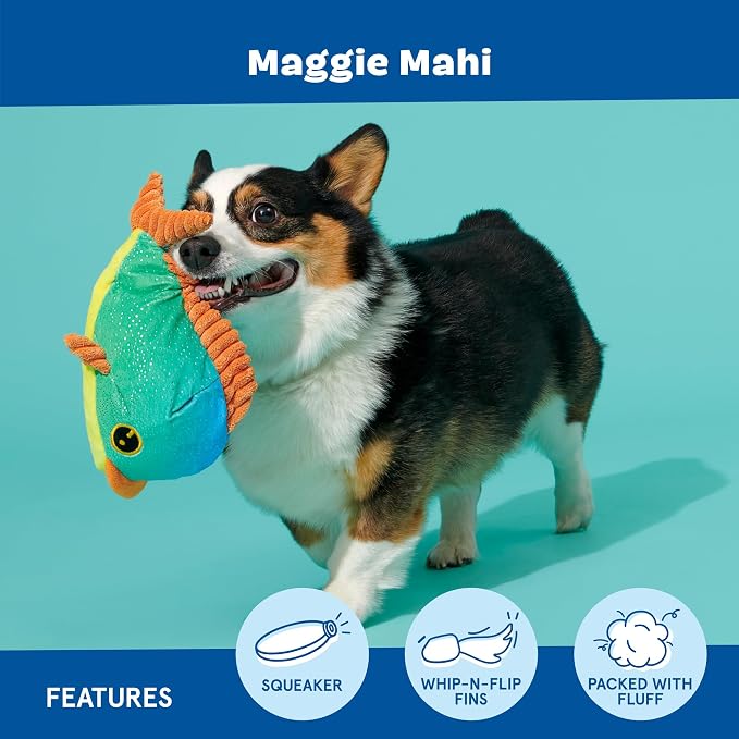 Barkbox Maggie Mahi Dog Toy | Plush Dolphinfish with Whip-N-Flip Fins, Squeaker & Fluffy Filling | Thrash & Squeak Toy for Small to Medium Dogs