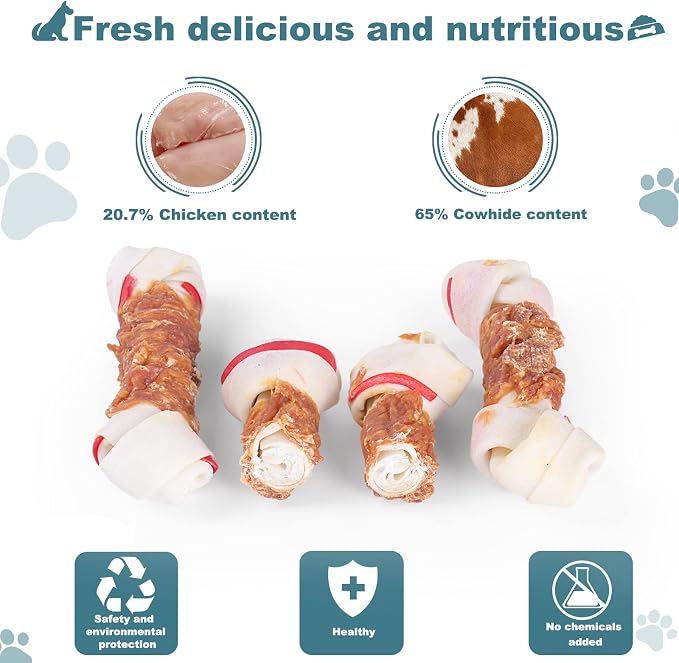Chicken Wrapped Rawhide Bones Dog Treats, 6.5 Inch Large Knots for Medium and Large Dogs, High Protein 65% Long Lasting Dog Chews, 8 Ounces