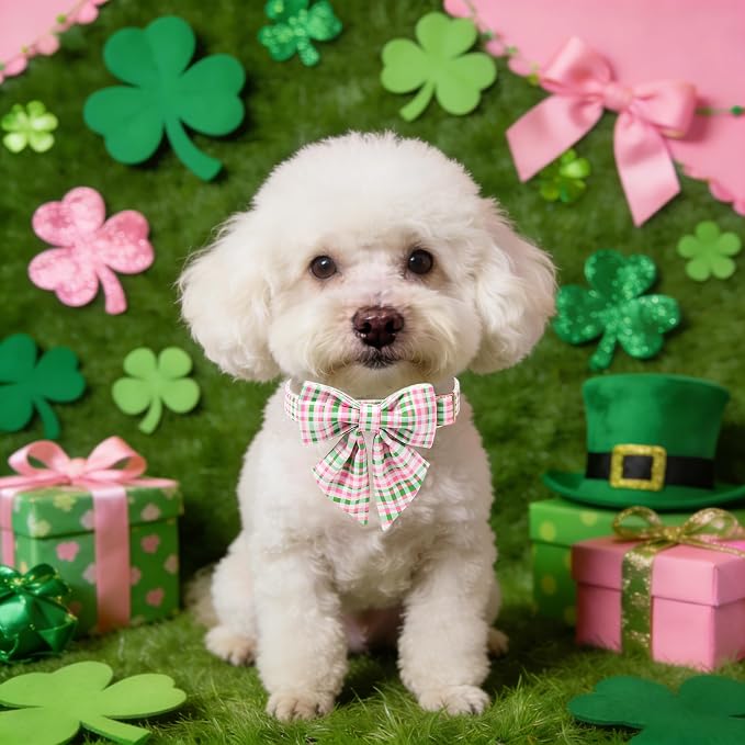 Maca Bates Plaid Dog Collar with Sailor Bow Tie,Cherry Pink Green Gingham Pattern for Small Girl Boy Dogs,Adjustable Durable Soft Collars Irish Gift for Male Female Puppy