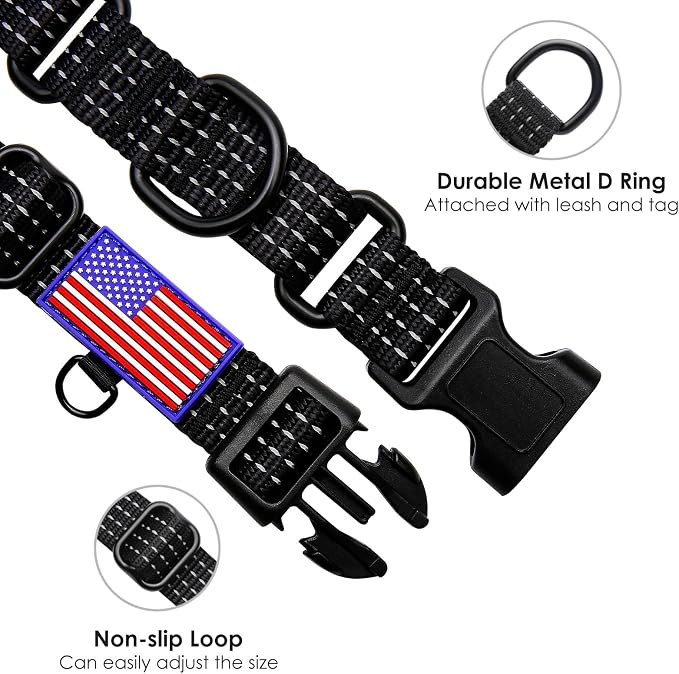 Martingale Collar for Training Dogs. Adjustable Reflective Collars with Buckle-USA Flag- NO Pull-Prevents Slipping Out, for Medium Large XL Dogs. Helps with Strong pullers(L, Black)