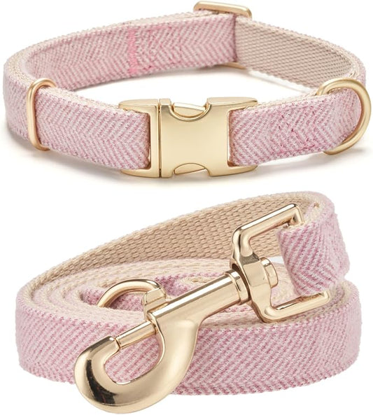 Soft Dog Collar and Leash Set Adjustable Woven Tweed Dog Collars with Metal Buckle and Lead for Small Medium Large Dogs,Pink