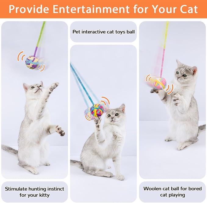Retro Shaw Cat Toys Balls, 6Pcs Woolen Yarn Cat Balls with Bells Inside, Interactive Kitten Toys for Indoor Cats Kitty, Soft Pompom Jingle Ball with String Cat Nip Toys
