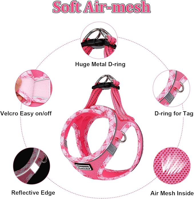 Mercano Soft Mesh Dog Harness and Leash Set, Step-in Reflective Breathable Lightweight Vest Harnesses with Safety Buckle for Small Dogs, Cats (M, Fuchsia)