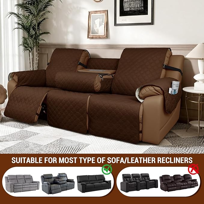 Waterproof Recliner Sofa Covers with Flipped Middle Backrest Washable Recliner Couch Covers Non-Slip with Elastic Straps Furniture Protector for Kid Dogs Pets (Brown)
