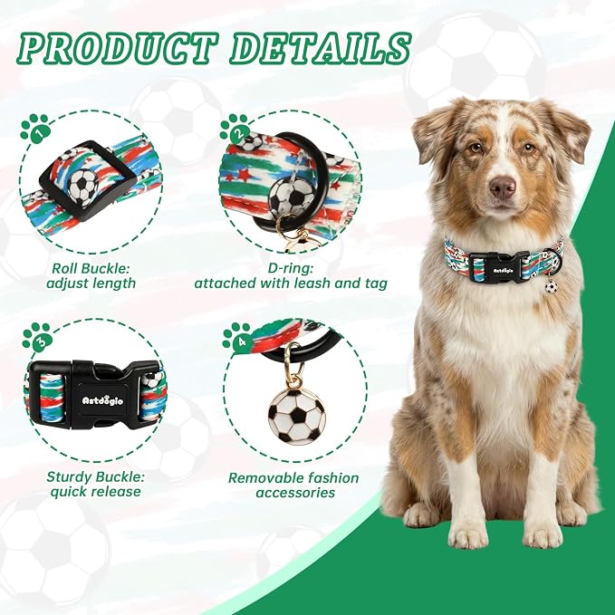 Soccer Dog Collar, Adjustable Cotton Puppy Collars with Buckle for Small Medium Large Dogs, Cute Boy Male Dog Collar Ideal for Gifts,Pet Accessory, S