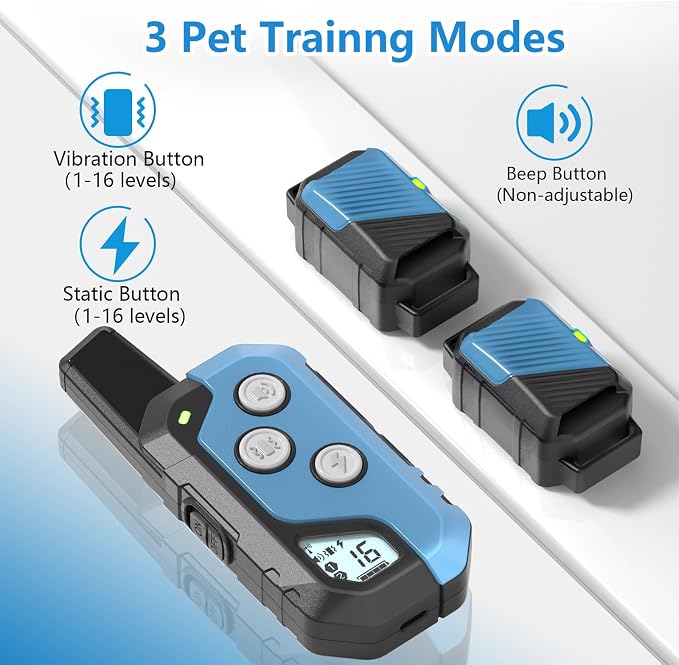 Shock Collar for Dogs, Dog Training Collar with Remote Control for 2 Dogs, 3 Training Modes with Beep, Vibration and Satic, Waterproof, Rechargeable for Large Medium