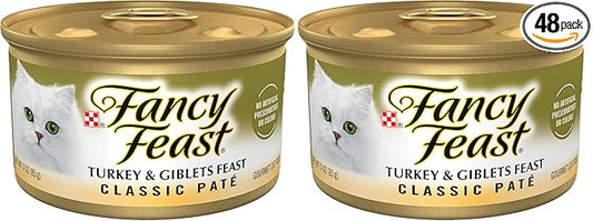 Fancy Feast Purina Pate Turkey and Giblets Feast Classic Grain Free Wet Cat Food Pate - 3 oz. Cans (Pack of 48)