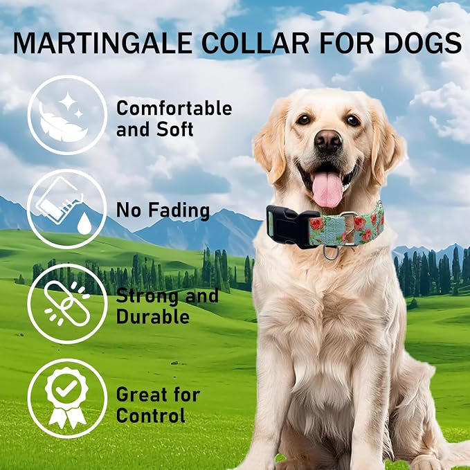 No Pull Martingale Dog Collar with Buckle Floral Slip Collar for Female Dogs (Green Rose,Large)