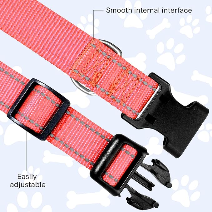 FunTags Length 16" - 24" Reflective Babypink Dog Collar for Large Dogs – Night Walking & Training Safety, Durable Quick Release Buckle, Nylon, Comfortable Adjustable, Width 1"
