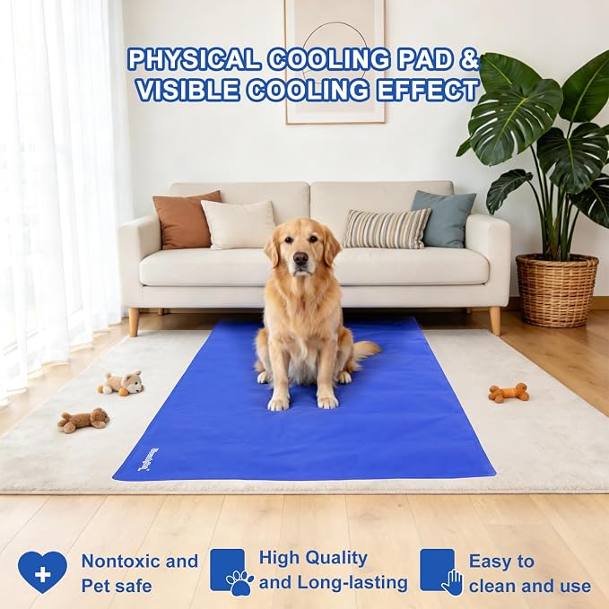 Dog Cooling Mat, 45x31.5 inches Pressure-Activated Gel Pad for Large Medium Dogs Non-Toxic Cool Mat for Bed, Crate, Summer Travel, No Water or Freezing Needed Blue