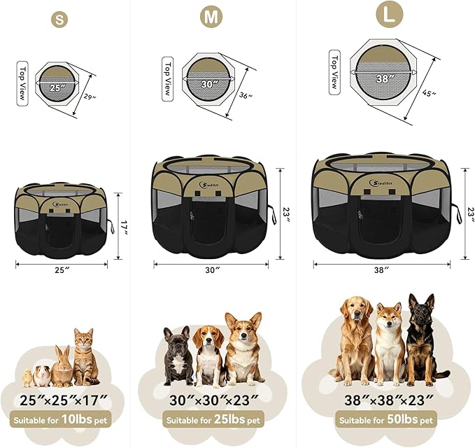Pink Puppy Playpen for Middle Dog Cat, Dogs Tent Crate Cage Indoor/Outdoor, Portable Pop Up Dog Kennel with Carrying Bag for Rabbits, Removable Top (Black Khaki, Small)